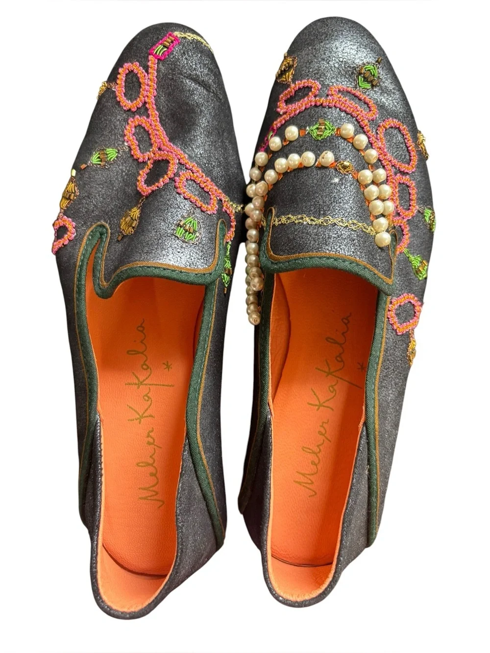 Meher Kakalia Women's Embellished Embroidery Navy Slip-On Loafers Pearls Size 39
